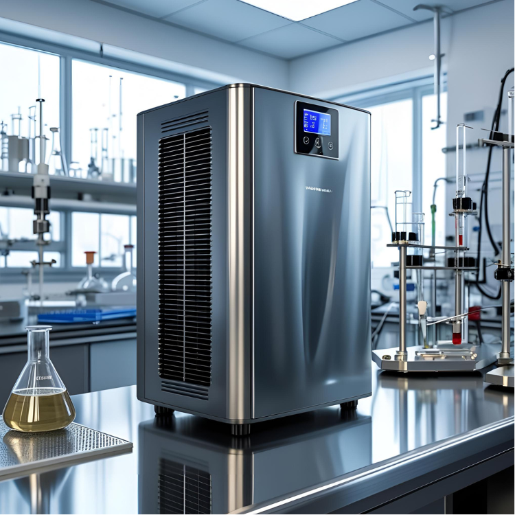 Deshumidificador industrial sobre una mesa de laboratorio sumamente pulcra, ambiente completamente desinfectado