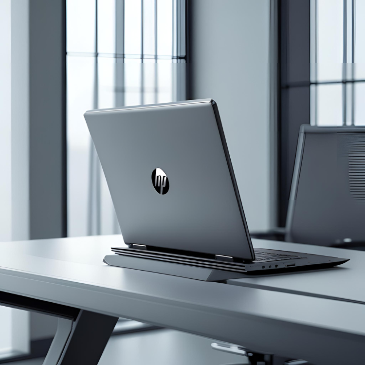 Laptop de última generación sobre escritorio en un ambiente empresarial, una oficina con colores sobrios